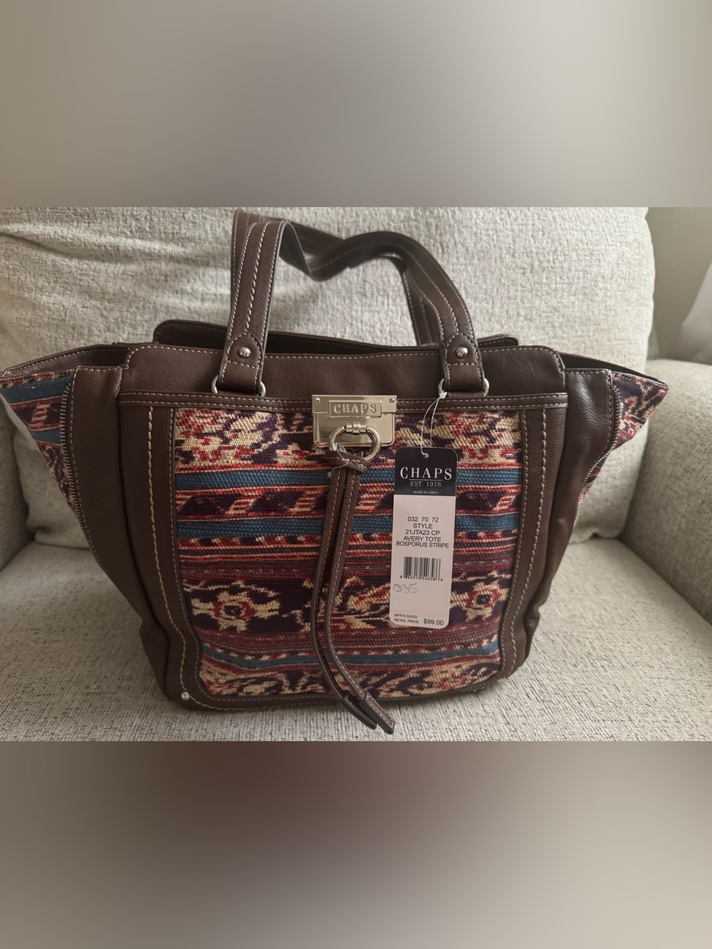 Chaps Brown Multicolor Bosporus Stripe Tote with Faux-Leather Trim